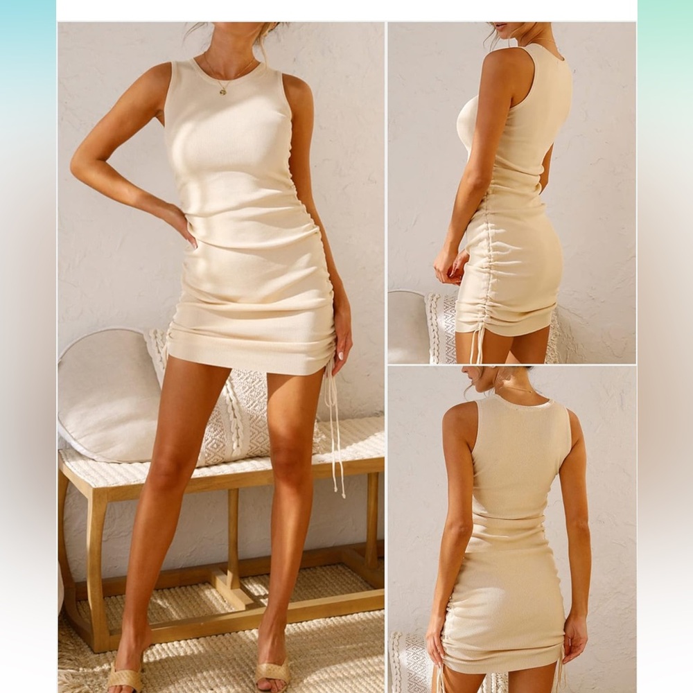 New  Sleeveless Bodycon Ruched Short Dress Side Drawstring solid cream